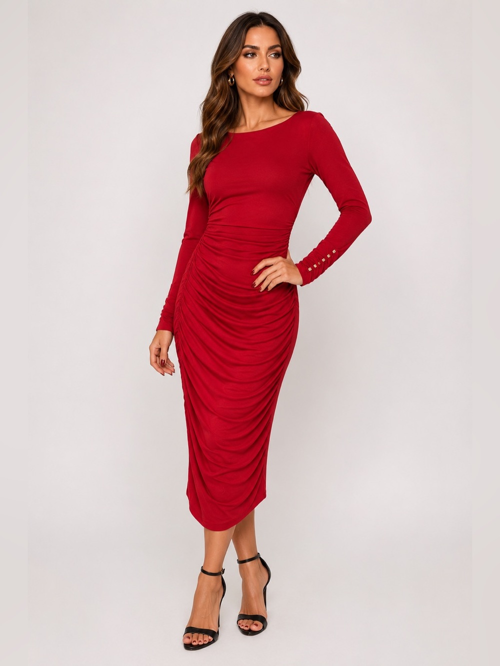 Cache Red Ruched Y2K Glam Bodycon Midi Dress Gold Stud Sleeve Detail M Cocktail